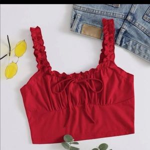 NEW SHEIN Frill Trim Tie Front ruched bust top